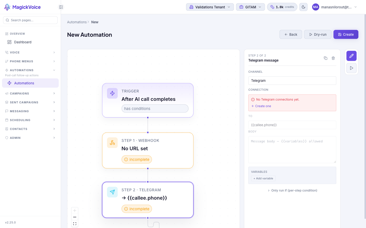 Flow canvas with a Trigger node, a Step 1 Webhook node, a Step 2 Telegram node, and an Add step control, with the Step 2 settings panel showing Duplicate step and Remove step buttons