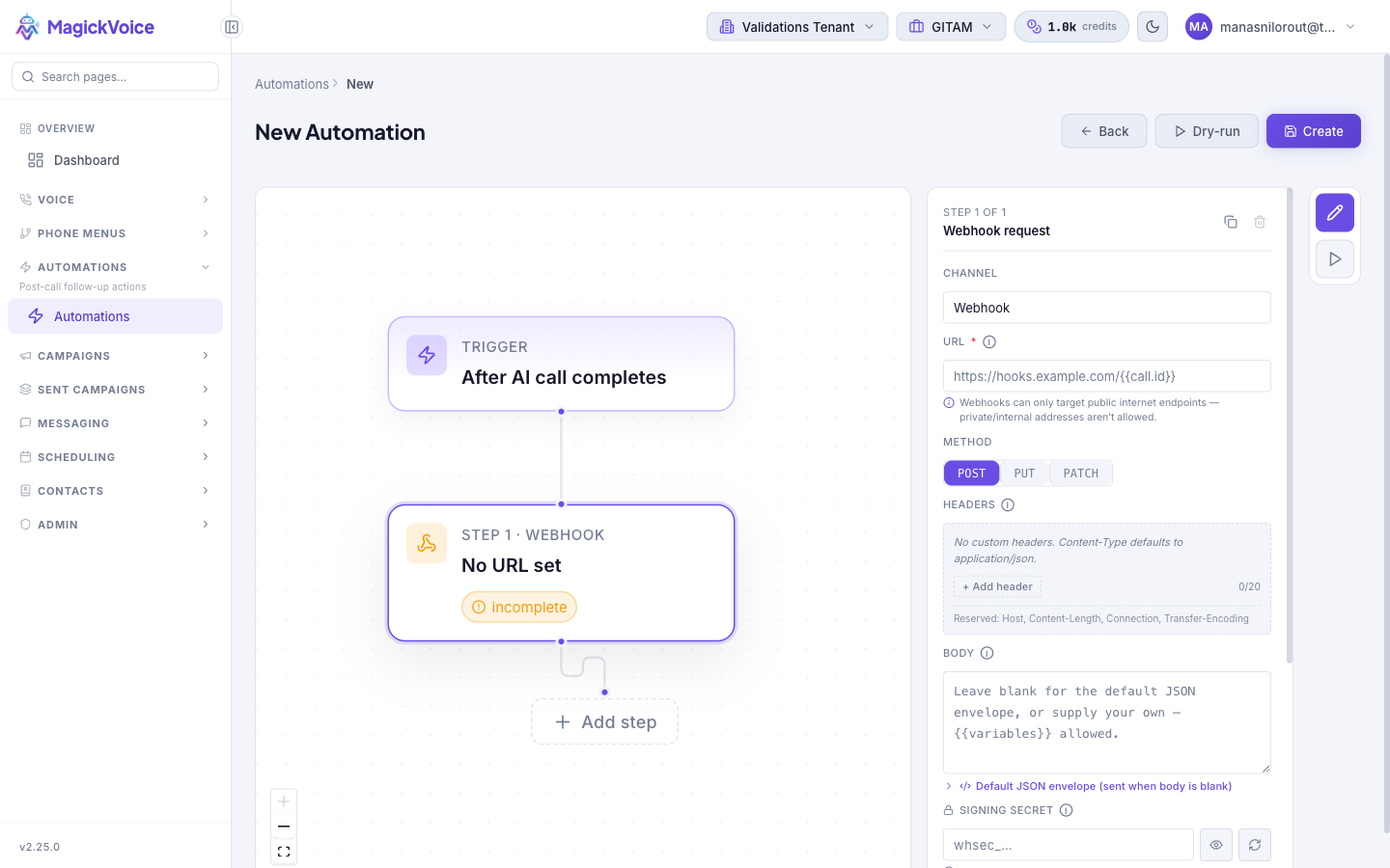 Webhook step settings with a URL field, POST/PUT/PATCH method radios, a Headers editor, a Body template, a signing-secret field with Generate secret, and a Delivery details box explaining retry and signing behavior