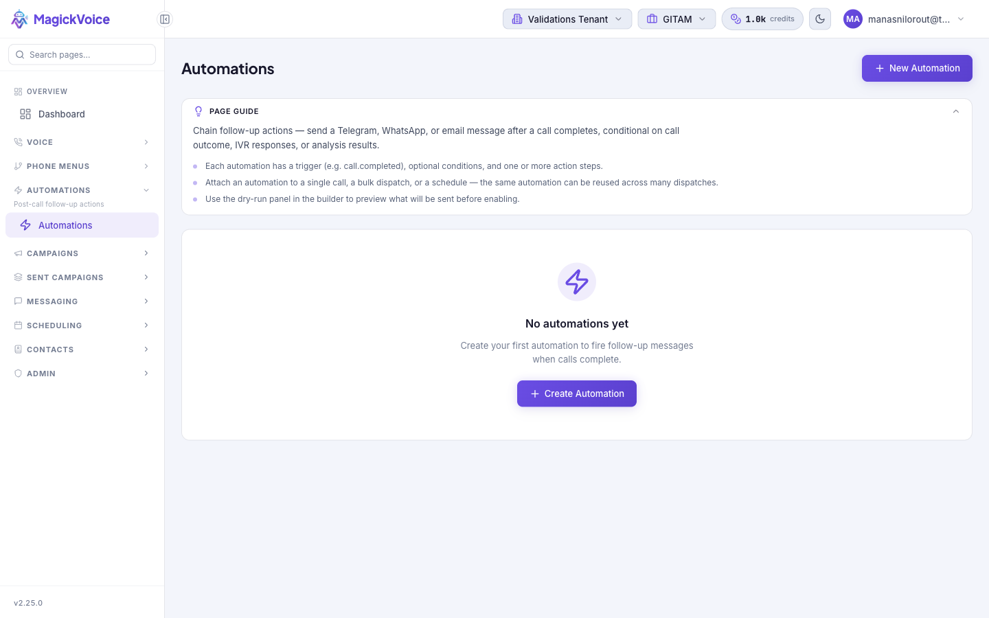 Automations page empty state reading "No automations yet" with a Create Automation shortcut