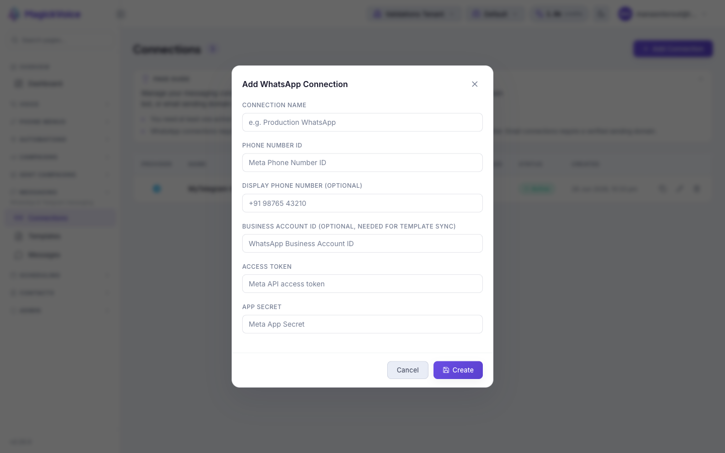Add WhatsApp Connection form with Connection Name, Phone Number ID, Display Phone Number, Business Account ID, Access Token, and App Secret fields