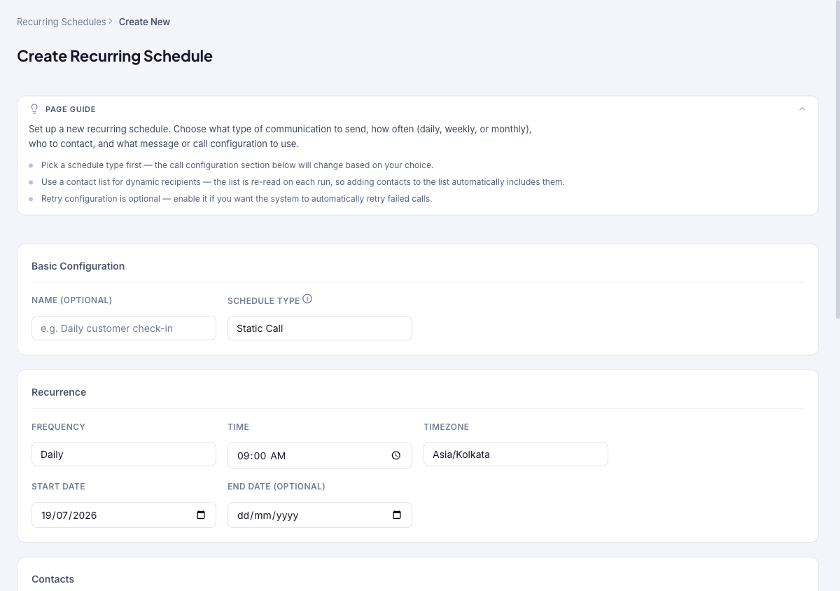 Create Recurring Schedule form with Basic Configuration (Name, Schedule Type), a Recurrence section (Frequency, Time, Timezone, Start/End dates), a Contacts section with contact-list picker, a Call Configuration section, and Retry Configuration